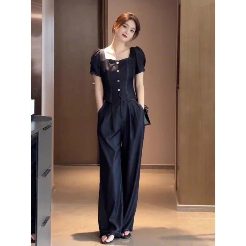 2025 夏の新ファッション気質アイスシルクテンセルデニム Tシャツトップ + ハイウエストストレートパンツカジュアルスーツ女性のための|undefined