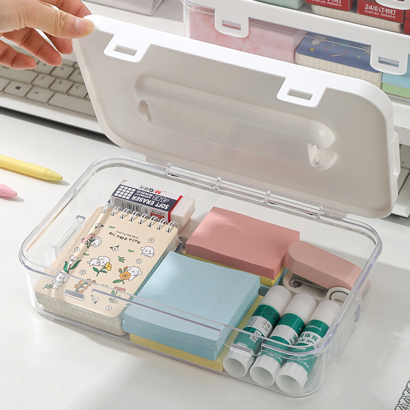 Caja de almacenamiento transparente de escritorio simple transfronteriza portátil con cubierta de caja de almacenamiento para estudiantes para organizar cajas de gran capacidad superpuestas