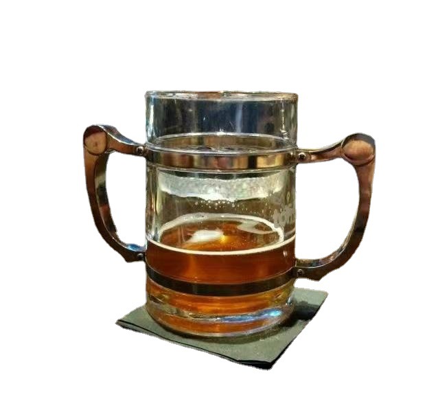 创意玻璃啤酒杯双把手不锈钢把手大容量玻璃杯龙虾烧烤店用酒杯