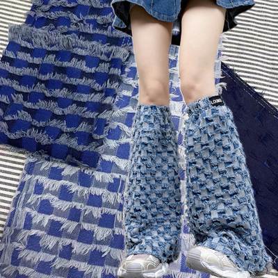 In stock tassel chessboard Plaid jacquard Denim fabric Denim cotton cut flower texture sense coat pants Boots bag