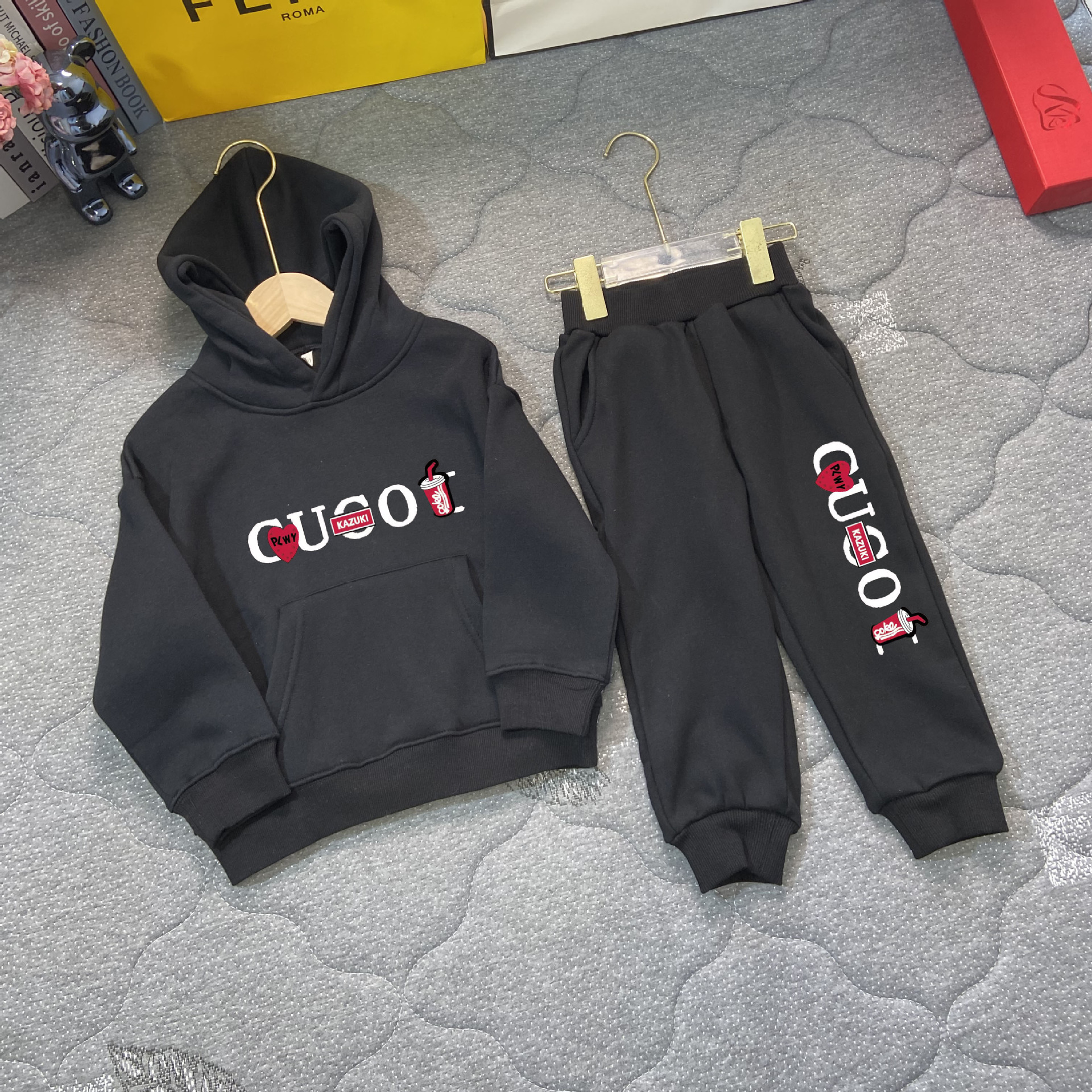 2023 Winter New Casual Hooded Sweater Boys Girls, Two Piece Upholstered and Warm Set for Children_voghion.com