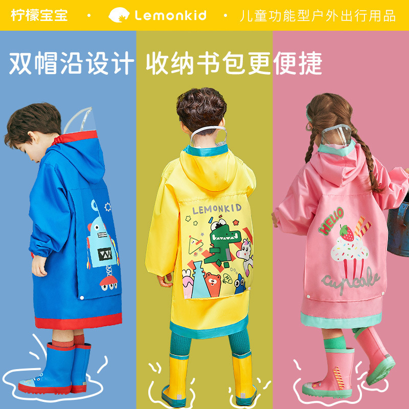 Lemon Baby Kidsren's Raincoat Primary School Bag Raincoat School Season Professional Primary School Student Raincoat Poncho Single Brim