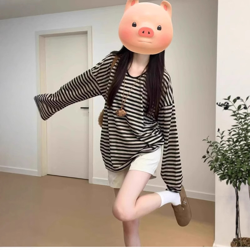 复古防晒宽松百搭长袖T恤女夏季2025新款休闲显瘦条纹中长款上衣