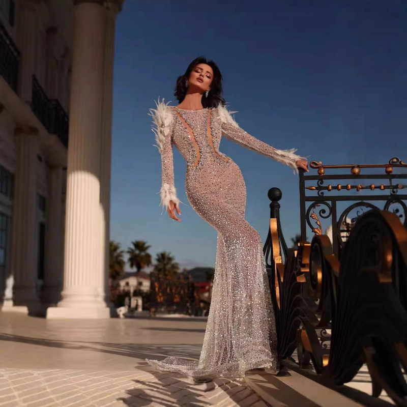 Europe and the United States cross-border luxury nail diamond champagne sequins feather and floor dress red carpet goddess fan party evening dress