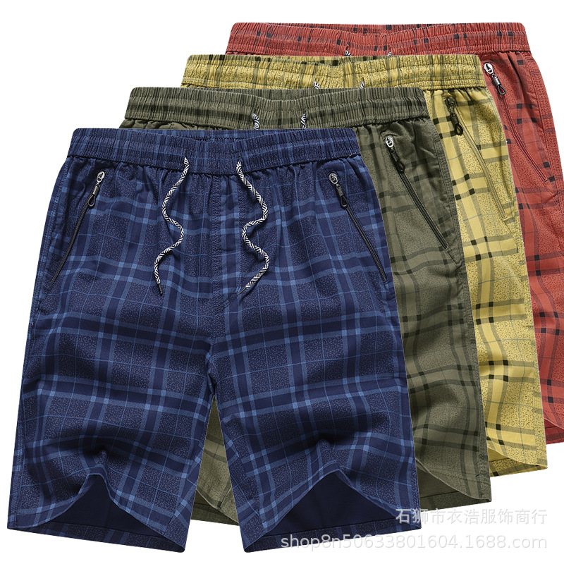 Pantalones cortos de playa de algodón puro informales transfronterizos de cinco puntos para hombre, a cuadros, de talla grande, holgados, estilo Aro, para uso exterior, de moda de verano image 1