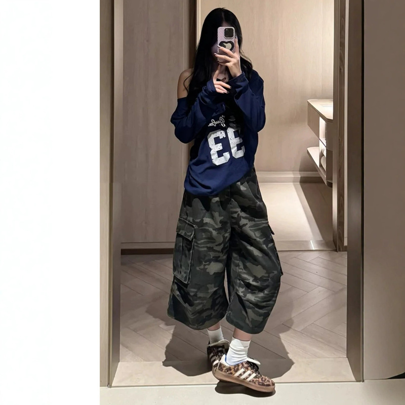 American-Style Camouflage Cropped Wide-Leg Jeans for Women, Summer 2026 New Style, Loose Fit, Drapey, Versatile Casual Shorts