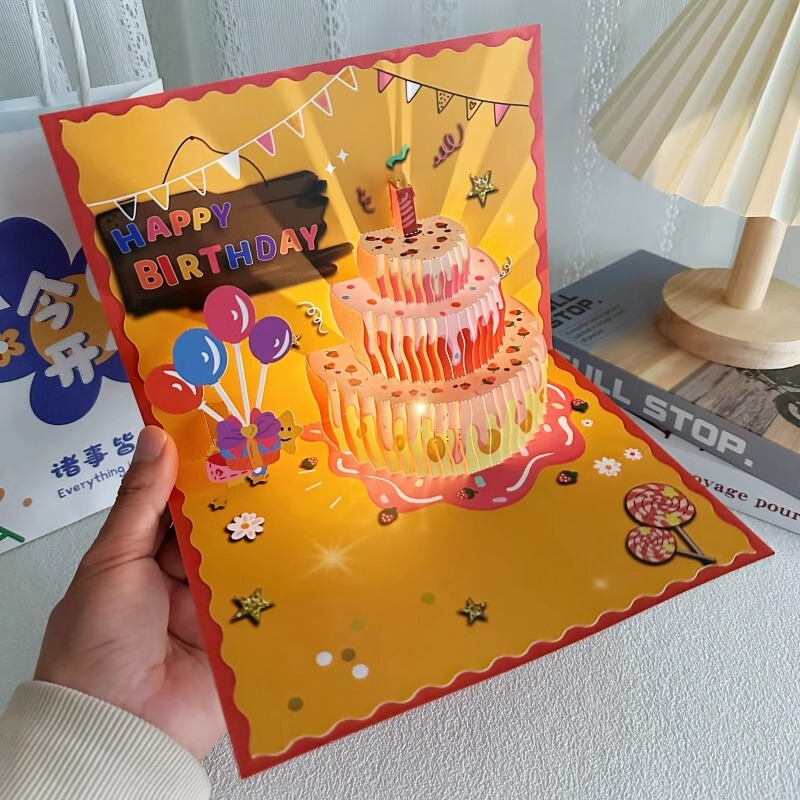 Birthday greeting card creative 3d three-dimensional strawberry cake for girls girlfriends classmates music lighting senior blessing card