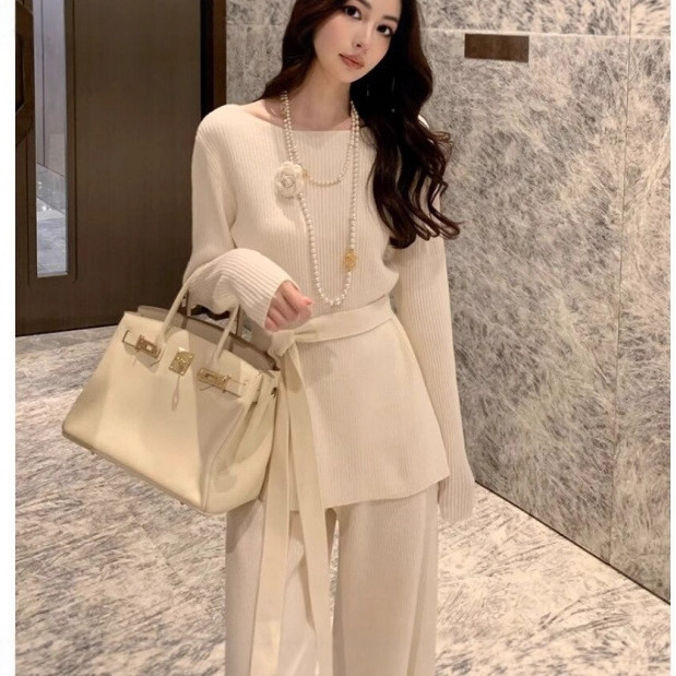白色仿羊毛针织衫直筒裤两件时尚套装女修身气质新款名媛风气质女|undefined
