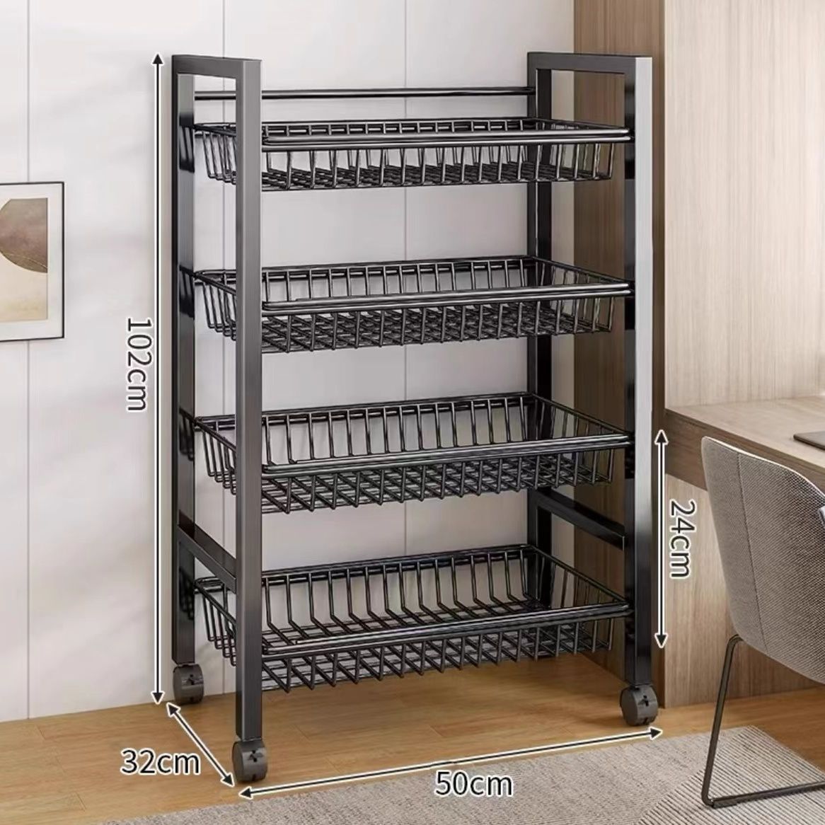 Estante de cocina de piso extragrueso con ruedas, almacenamiento móvil ajustable de varias capas.