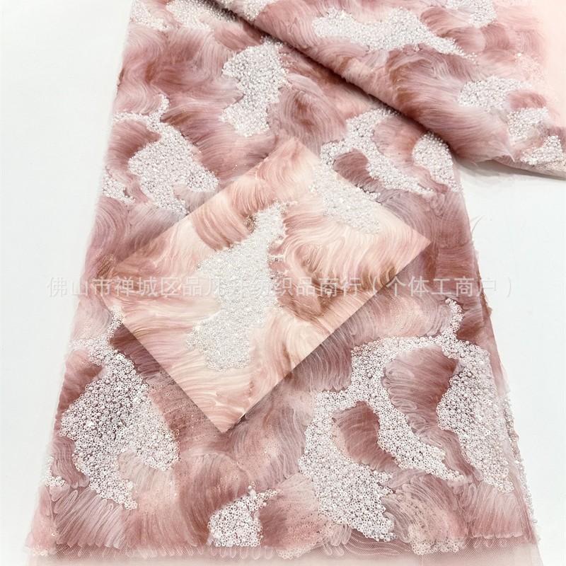 Tela de bordado de tubo de cuentas de onda tridimensional de alta costura vestido de novia de mujer vestido de moda tela en stock