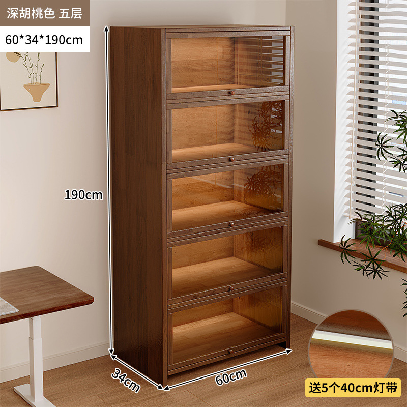 Librería de madera maciza a prueba de polvo integrada contra la pared Armario de almacenamiento de color nogal Armario de almacenamiento Armario de piso Estantería para el hogar