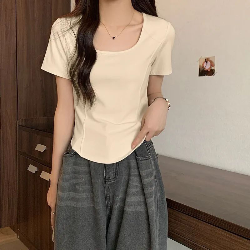 New Large Size Fishbone Short-Sleeved T-Shirt for Women Summer New Fat mm Covering the Flesh and Slimming Look White Slightly Fat Right Shoulder Top