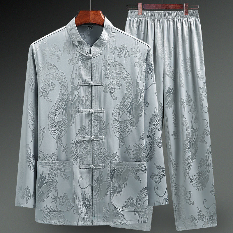 Spring and Autumn Style Middle-Aged and Elderly Men's Thin Ice Silk Suit Chinese Style Father's Long Sleeve Elderly Birthday Outfit Grandfather