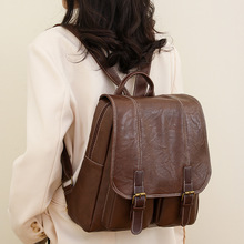 日系复古双肩包女2025新款学生学院风大容量背包潮流皮质休闲书包