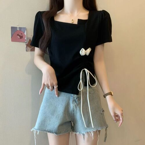 Dopamine-designed 3D floral drawstring pleated short-sleeve T-shirt top for women - summer sweet, versatile, and gentle style