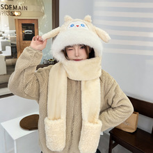 围巾帽子手套三合一秋冬加厚保暖一体帽女可爱洋气围脖帽耳朵会动