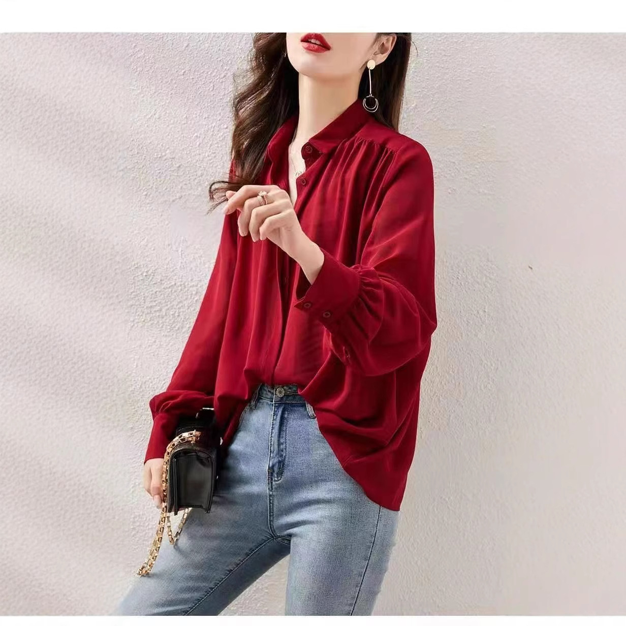 Shirt Women's 2024 New Fashion Stylish Draped Lantern Sleeves Loose Belly Covering All-match Red Chiffon Lining