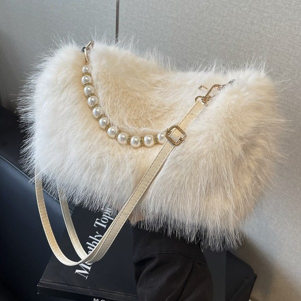 约姿毛绒包包2025新款时尚百搭简约单肩斜跨包珍珠链条腋下毛毛包