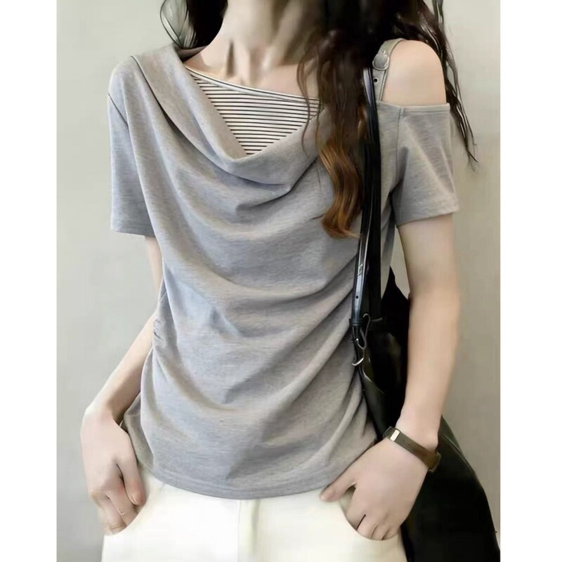 Maternity Shirt for Women 2026 Summer New Style One-Shoulder Asymmetrical Fake Two-Piece Patchwork Stunningly Beautiful Waist-Cinching Off-Shoulder Top Maternity Shirt for Women 2026 Summer New Style One-Shoulder Asymmetrical Fake Two-Piece Patchwork Stunningly Beautiful Waist-Cinching Off-Shoulder Top