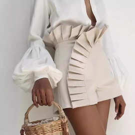 2024新款 跨境欧美新款时尚纯色百褶花边设计高腰拉链短裤现货