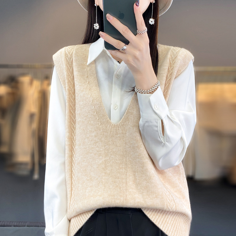23 otoño nuevas mujeres de punto chaleco profundo cuello en V suéter jacquard suéter suelto Comercio exterior al por mayor