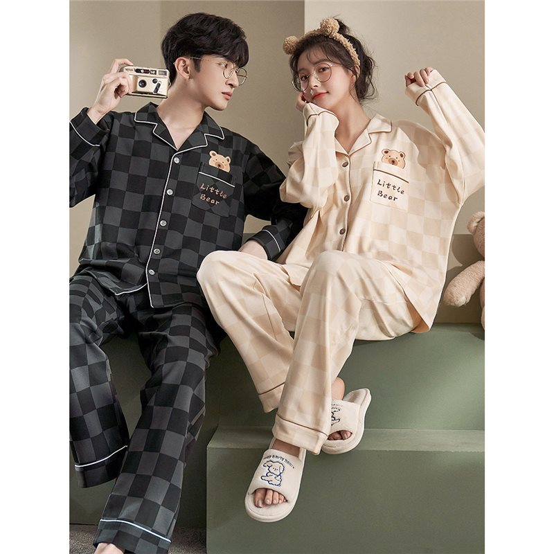 正品情侣睡衣纯棉春秋季开衫长袖宽松大码家居服一男一女两件套装