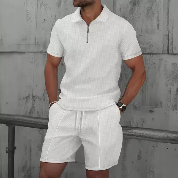 Cross-Border New European Size Waffle-Style Trendy Lapel Polo Men's Set Short-Sleeve Shorts Casual Sportswear Amazon