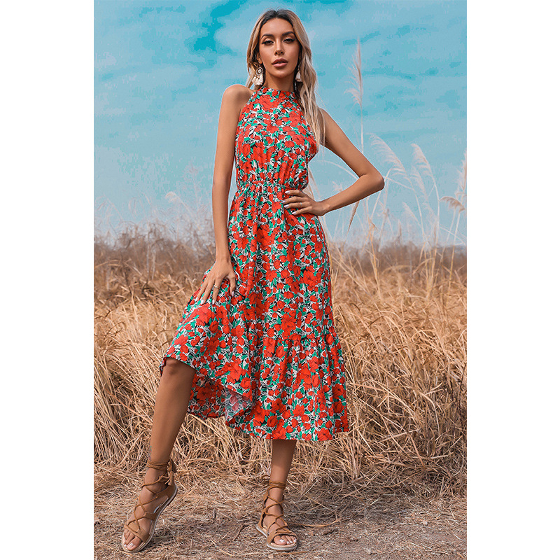 high waist open back off-shoulder printed long dress NSMAN53274