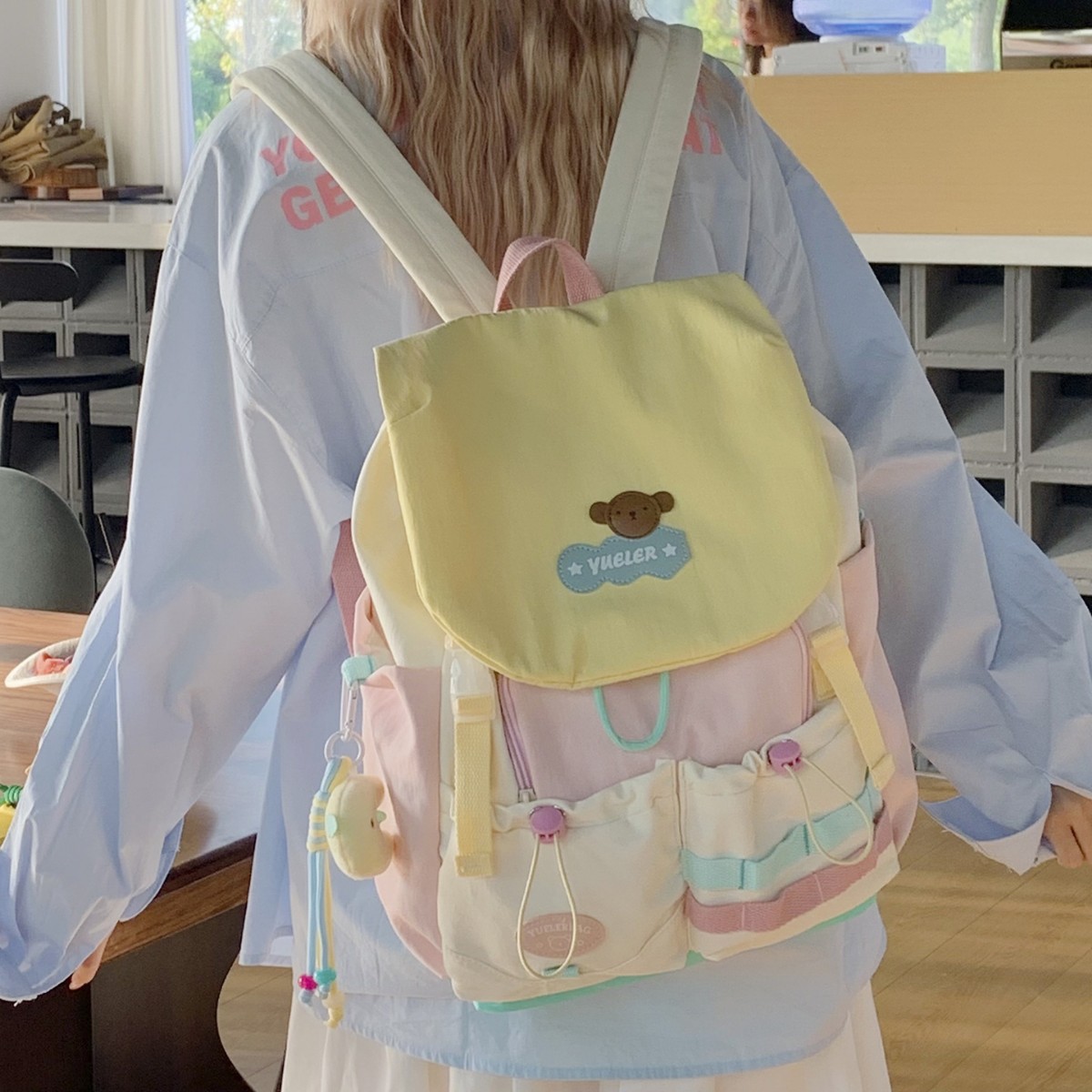 Dopamine color-blocking junior high school student backpack, large-capacity flip-top backpack for high school students, cute girl travel backpack