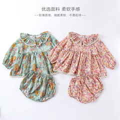 2024女童襯衣春季新款童裝長袖碎花娃娃衫上衣兒童襯衫裙