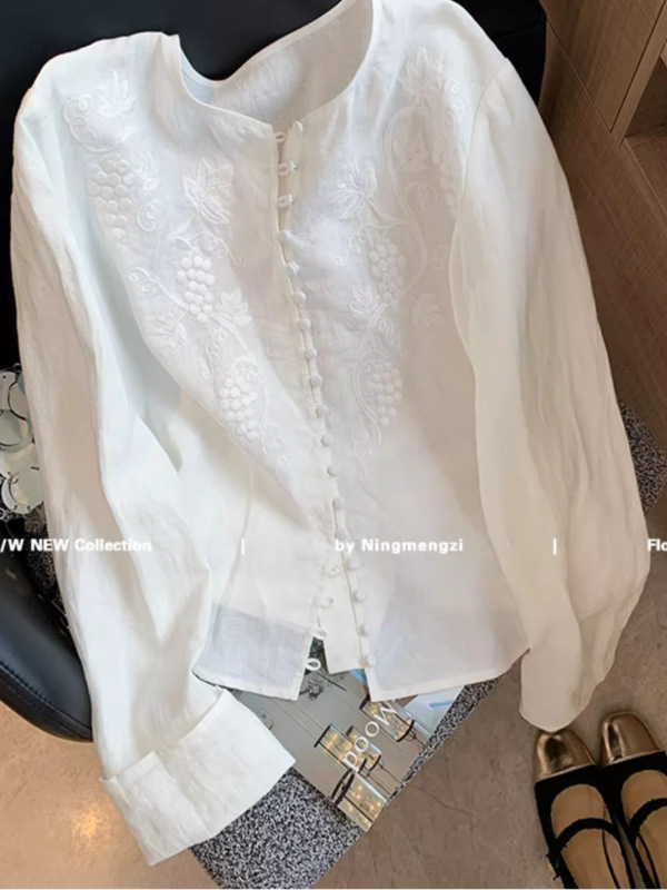慵懒风白色重工刺绣亚麻衬衫女早秋新款简约气质高级感减龄短上衣|undefined
