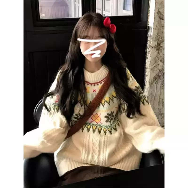 港味风格复古毛衣女秋冬新款圆领上衣设计感长袖卫衣保暖针织衫潮