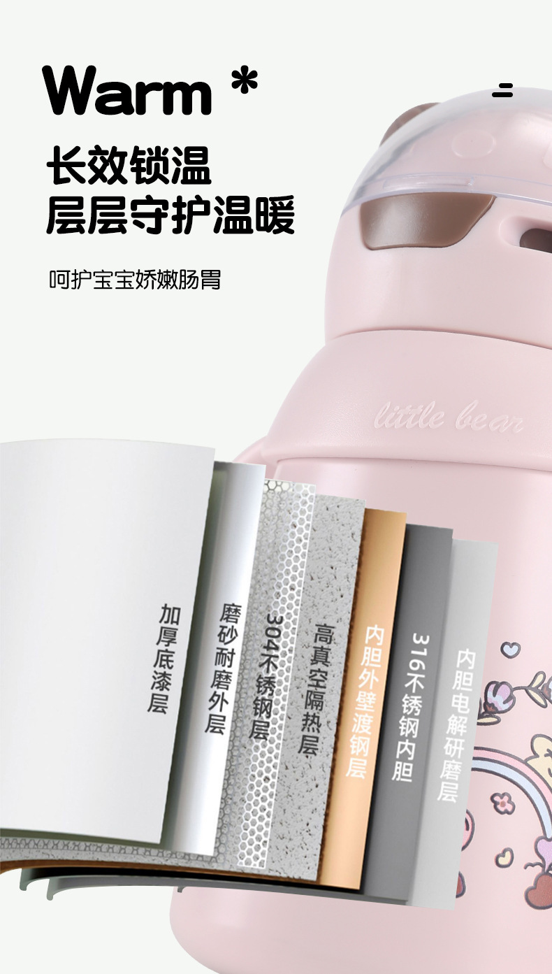 Stainless Steel Infant Insulated Cup with Gravity Ball, Lying-Down Drinking Straw Cup, Handle, Shoulder Strap, Cartoon Water Cup