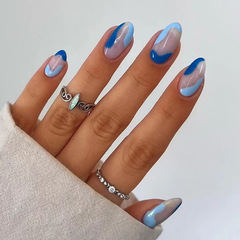 Blue Sea Salt Ripple Wearable Nails Natural Translucent Round Head Nail Art Ins Style Wearable Nails High Quality Nail Art