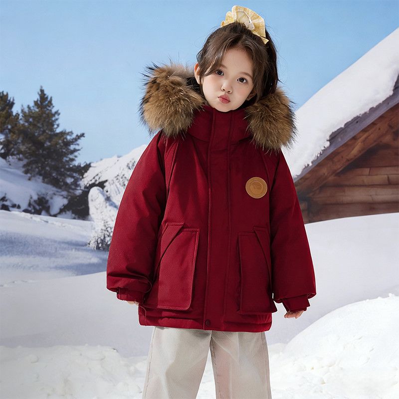 Girls' winter fleece-lined parka, mid-length coat, new style children's clothing, fashionable for girls, with a large fur collar, Korean style for boys