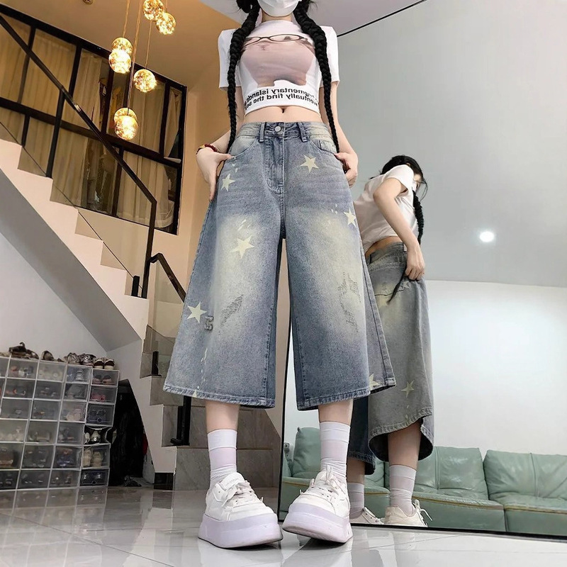 American Retro Shorts Star Print Denim Cropped Summer Washed Straight New Loose Wide-Leg Casual Pants American Retro Shorts Star Print Denim Cropped Summer Washed Straight New Loose Wide-Leg Casual Pants