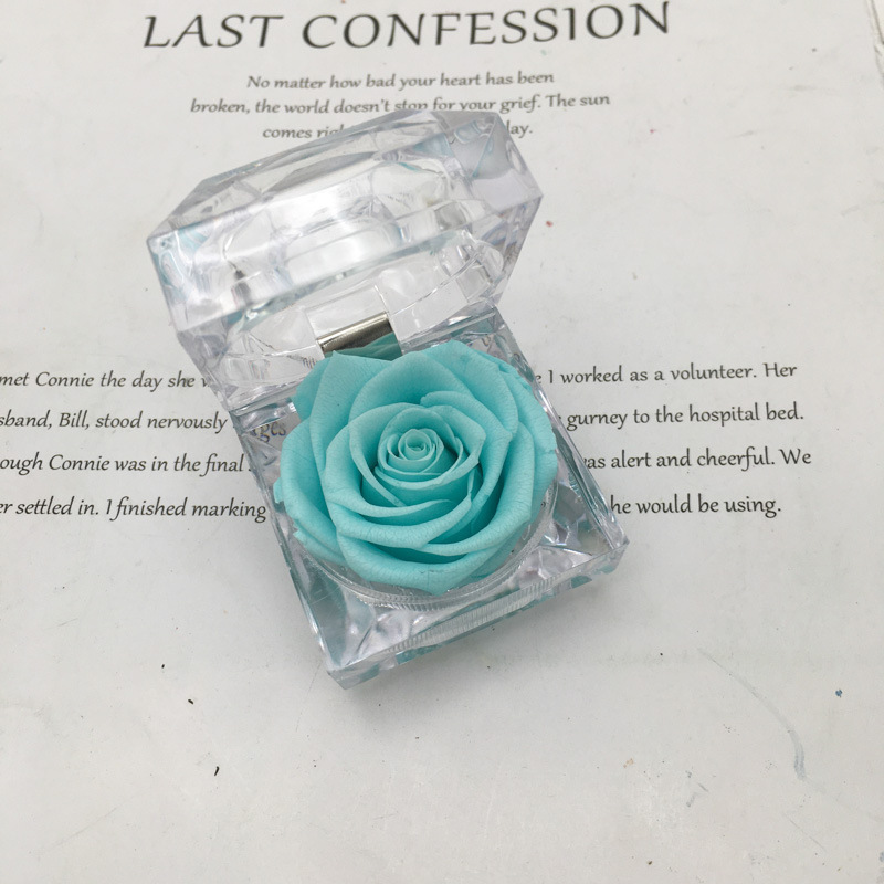 Caja de anillo acrílico transparente de rosa eterna confesión de flores verdaderas Qixiao regalo de día de San Valentín caja de regalo de anillo de vida eterna
