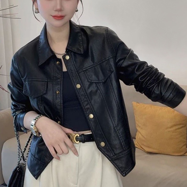 复古上衣翻领港风秋冬新款皮衣女夹克外套黑色其他|undefined