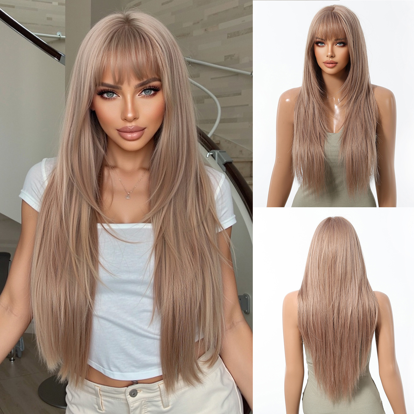 Transfronterizo nueva peluca femenina pura deseo aire bang 30 pulgadas capa marrón negro sentido largo cabello recto cubierta de cabeza