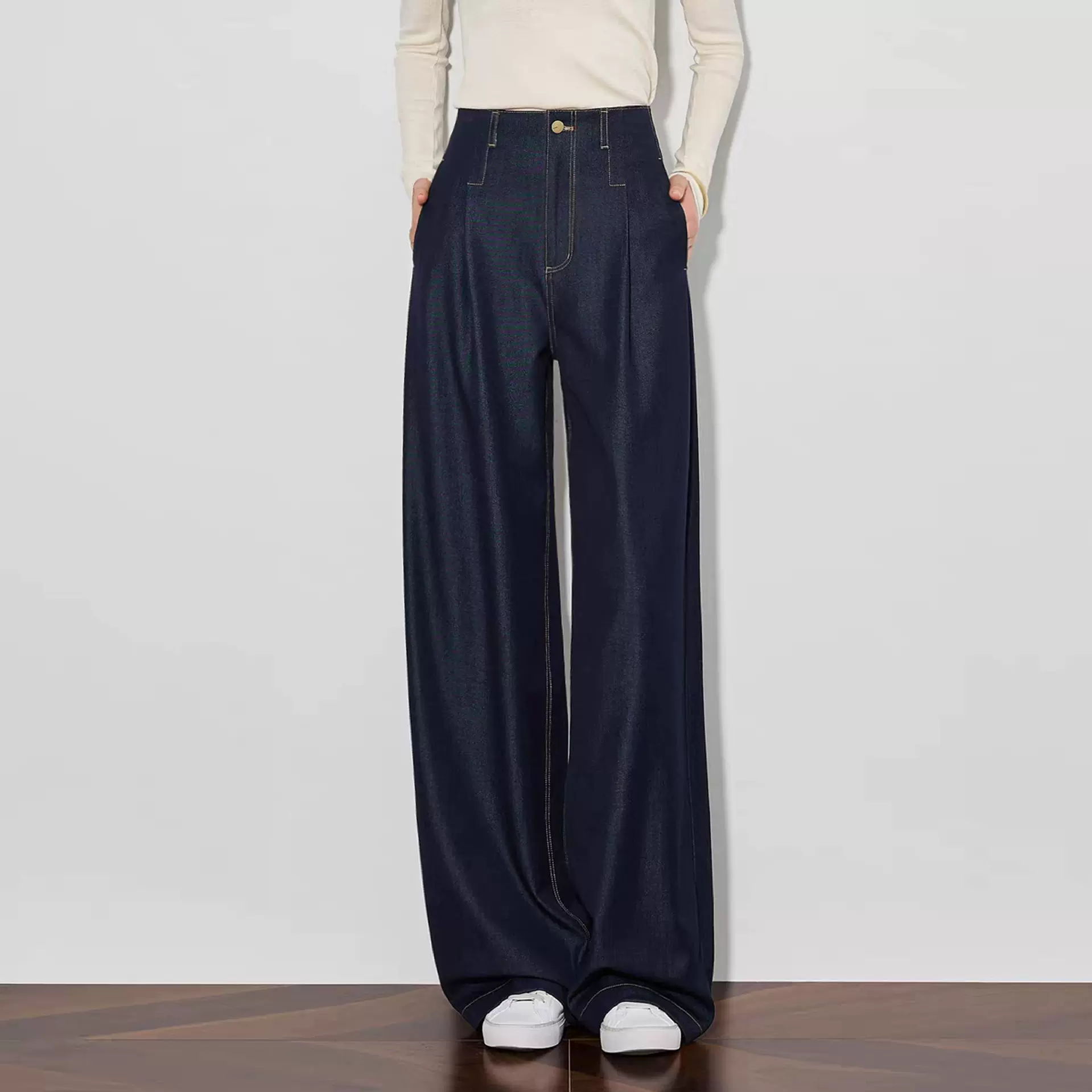 26春季高腰直筒抗皱垂感阔腿裤明线复古丹宁蓝软牛仔裤女25766