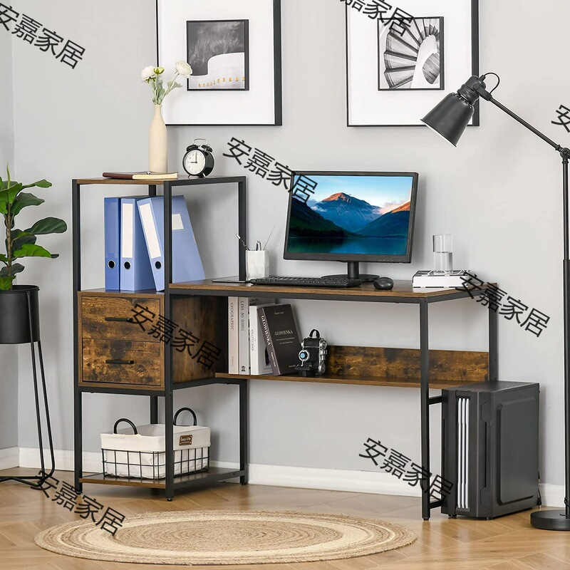 Office Household with Storage Drawer Storage Desk Iron Wood Structure Computer Desk