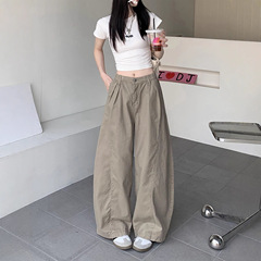 小个子弯刀牛仔裤女夏休闲百搭卡其色阔腿裤美式复古宽松拖地裤子