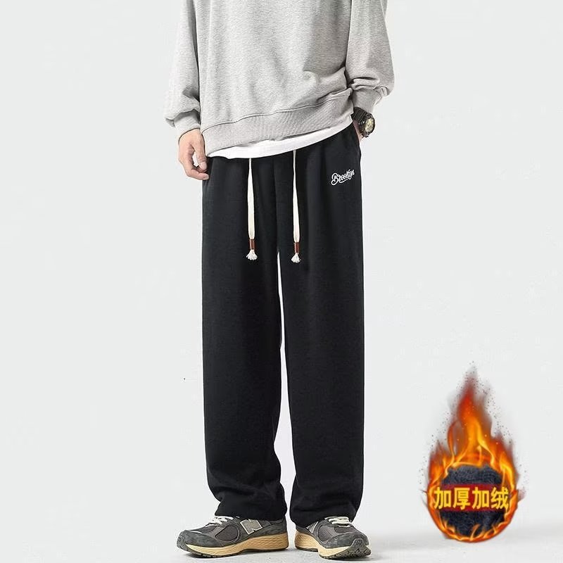 Men's Plush Trousers Autumn And Winter Style Hong Kong Style Large Size Solid Color Loose Straight Straight Drape Thickened Warm Casual Sweatpants