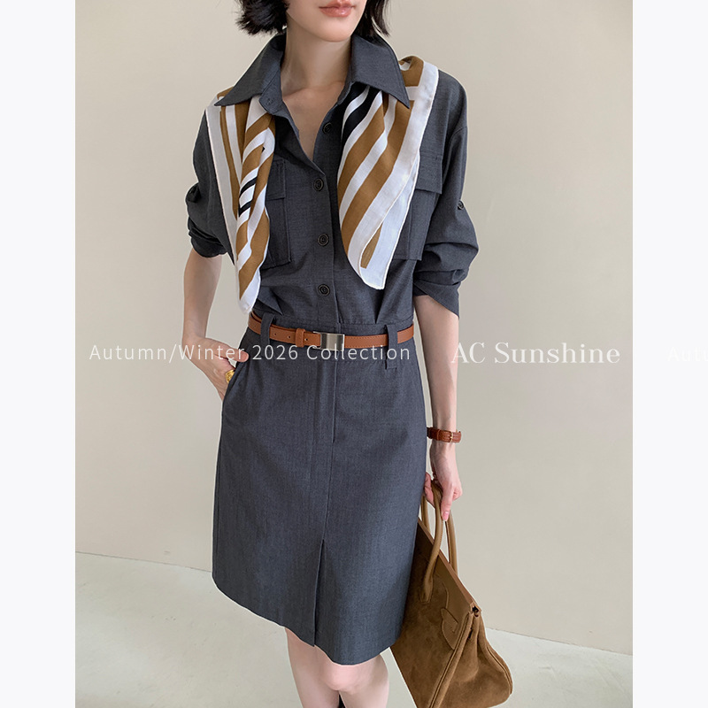 Special Offer, No Returns or Exchanges】Commuter Workwear Style Lapel Fine Leather Belt Waist-Cinching Mid-Length Shirt Dress for Women 20038