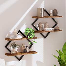 木质墙壁收纳架铁木结合整理架客厅墙上浮动隔板 复古双层收纳架