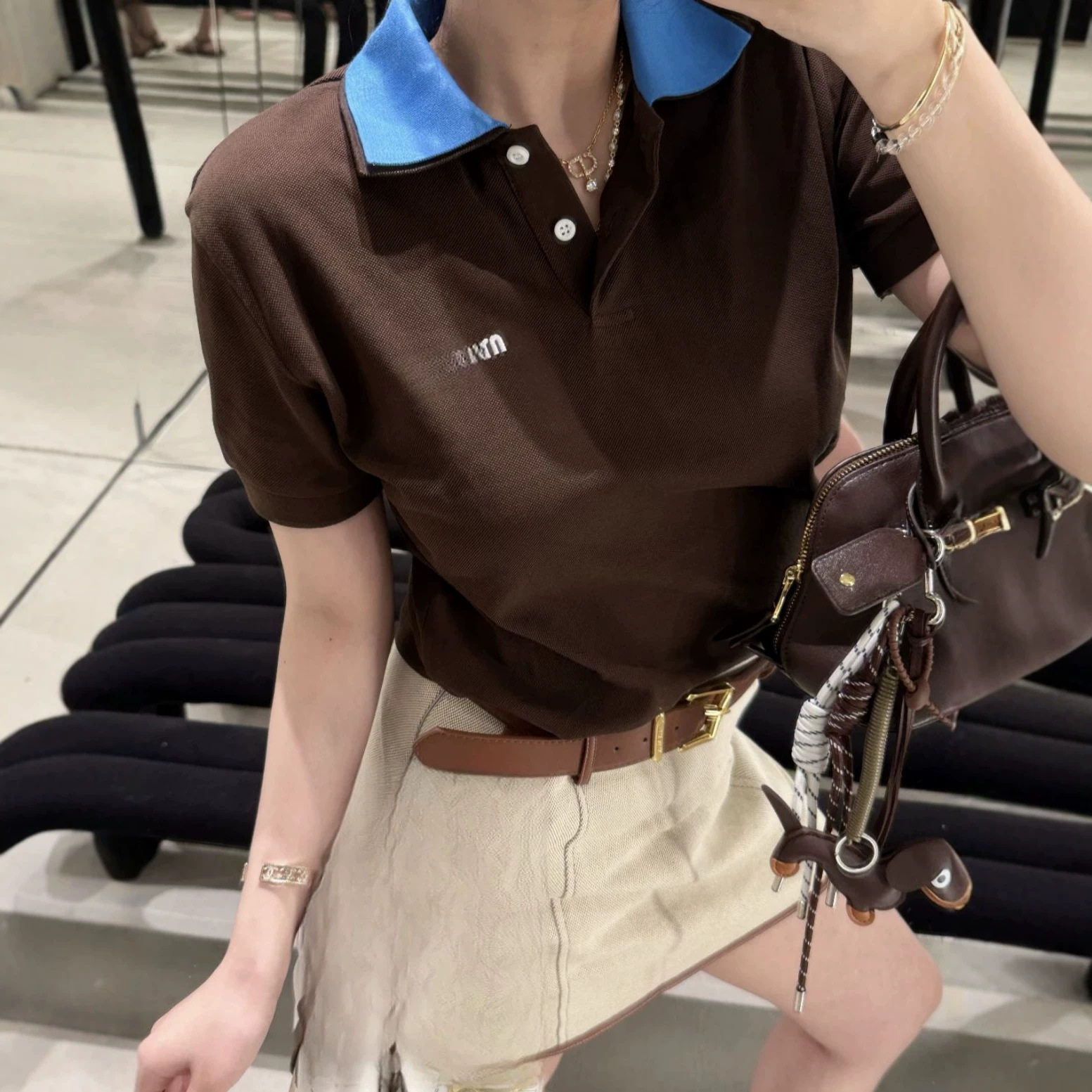 Miu Miu style brown and blue color-blocked polo shirt, American retro pique cotton T-shirt, versatile top.