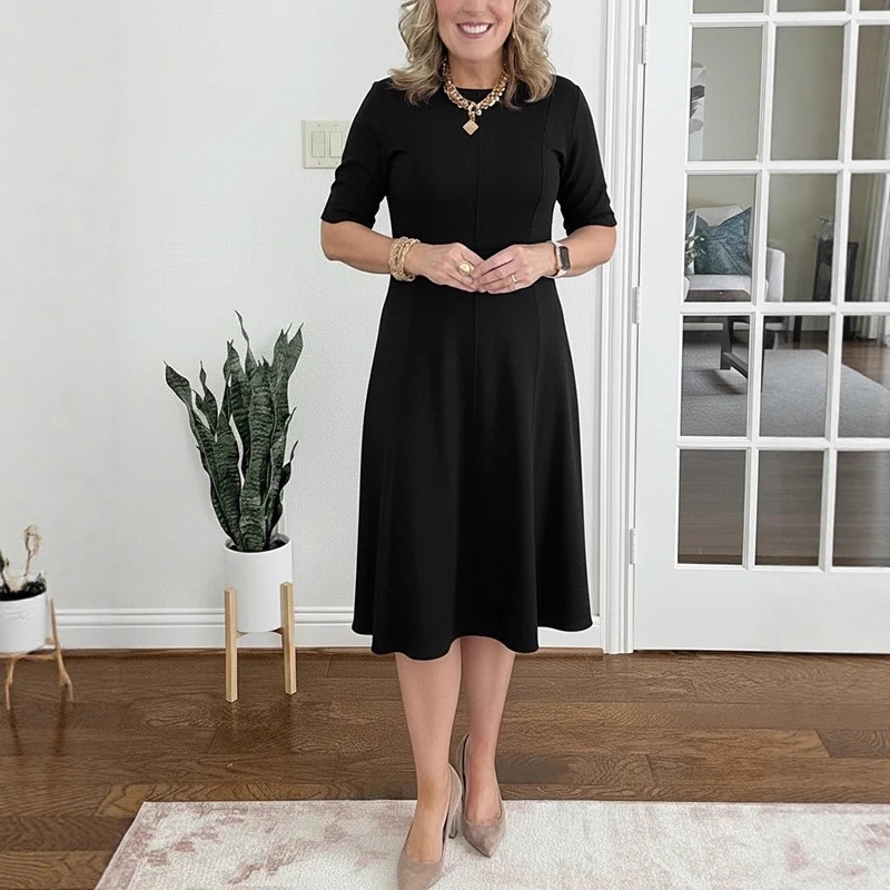 "2026 New Spring/Summer Short-Sleeve Slim-Fit Round-Neck Solid Color Dress, Elegant Women's Dress"_ecoleips.com