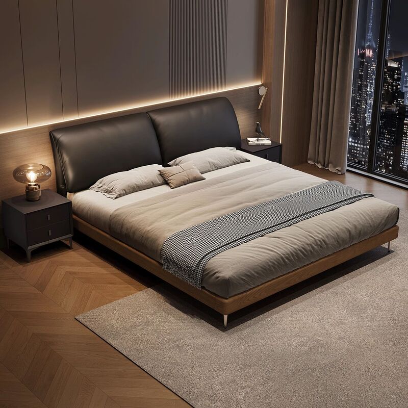 Genuine Leather Bed, Black, Simple Style, Suitable for Small Master Bedrooms, Upholstered, 1.8m Double Bed, Trendy Elephant Ear Bed with Storage