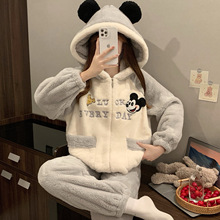 加厚珊瑚绒睡衣女款可爱米老鼠拉链连帽家居服两件套舒适可外穿