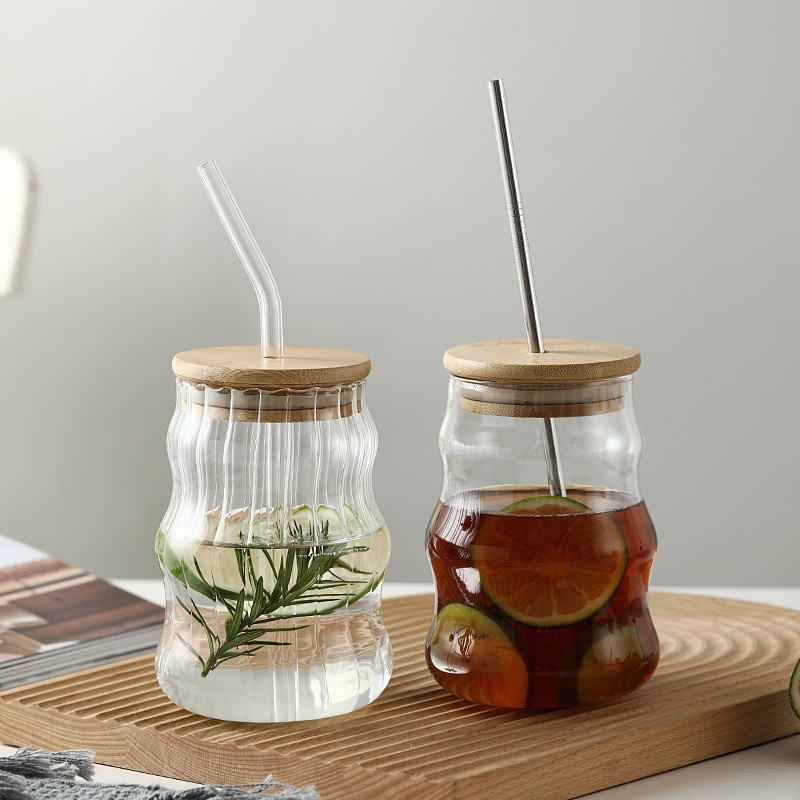Gordo té de leche nubes tazas de vidrio de alto silicio copas de vidrio con cubierta para niñas caseras tazas de café de paja set